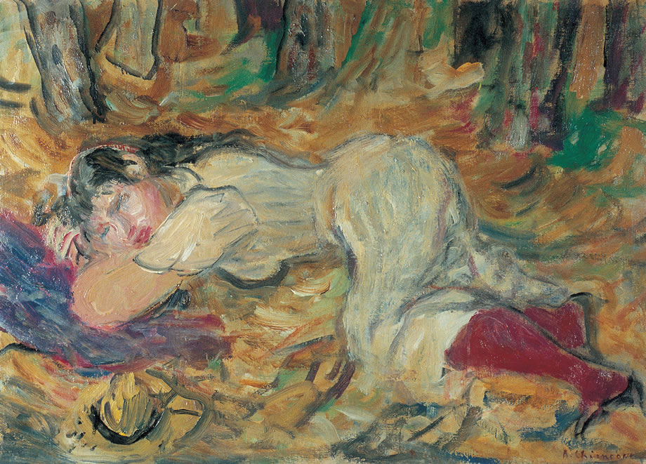 Figura distesa nel bosco, sd 1947-’54, olio su tela, San Giorgio (Na), collezione privata